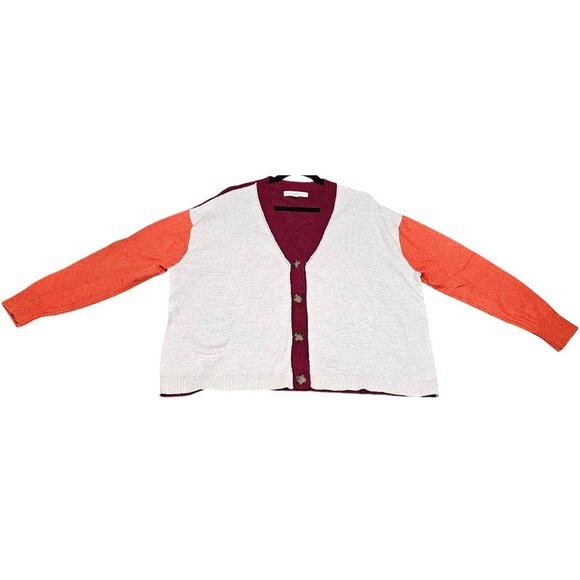 Loft Womens Colorblock Cardigan Sweater L Button Front Cotton Blend Burgundy/Ora - Picture 6 of 8